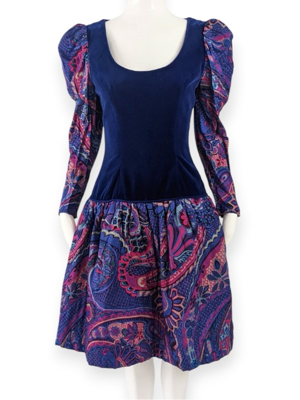 Vintage 8os Victor Costa Blue Velvet Bodice Dress with Paisley Skirt